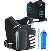 Reflective Running Vest with Water Bottle Phone Holder for Women/Men, Hydration Gear Back Pack/Backpack, Light Weight Chest Bag Run Essential Accessory for Marathon Runner Walking Trail Rucking, Black