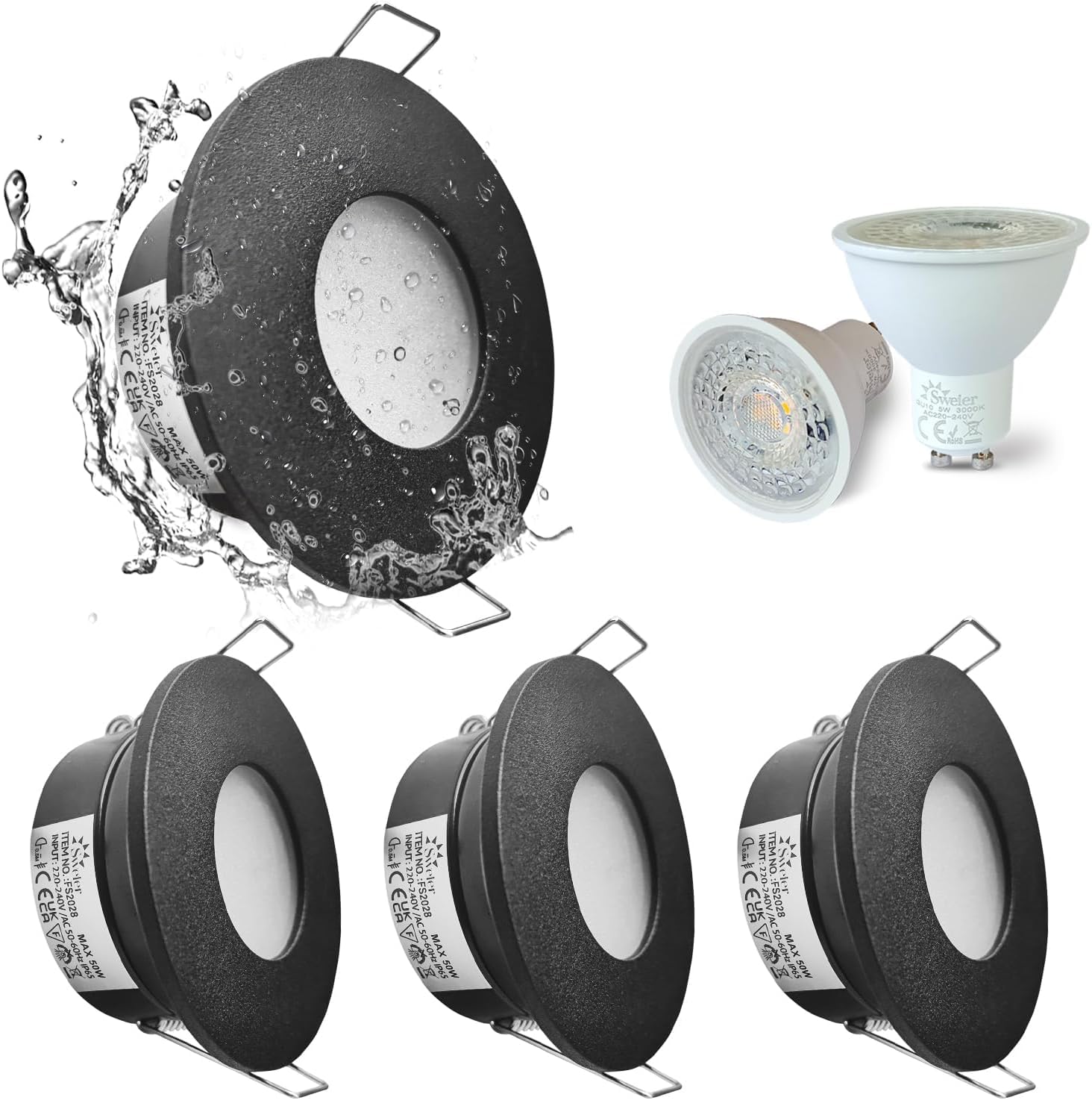 Sweier Waterproof Downlight Black,IP65 Recessed Ceiling Light Warm White 3000K,5W GU10 Downlights for Bathroom Ceiling,430Lumen LED Bathroom Spotlight,Cutout 68-75mm,4 Pack