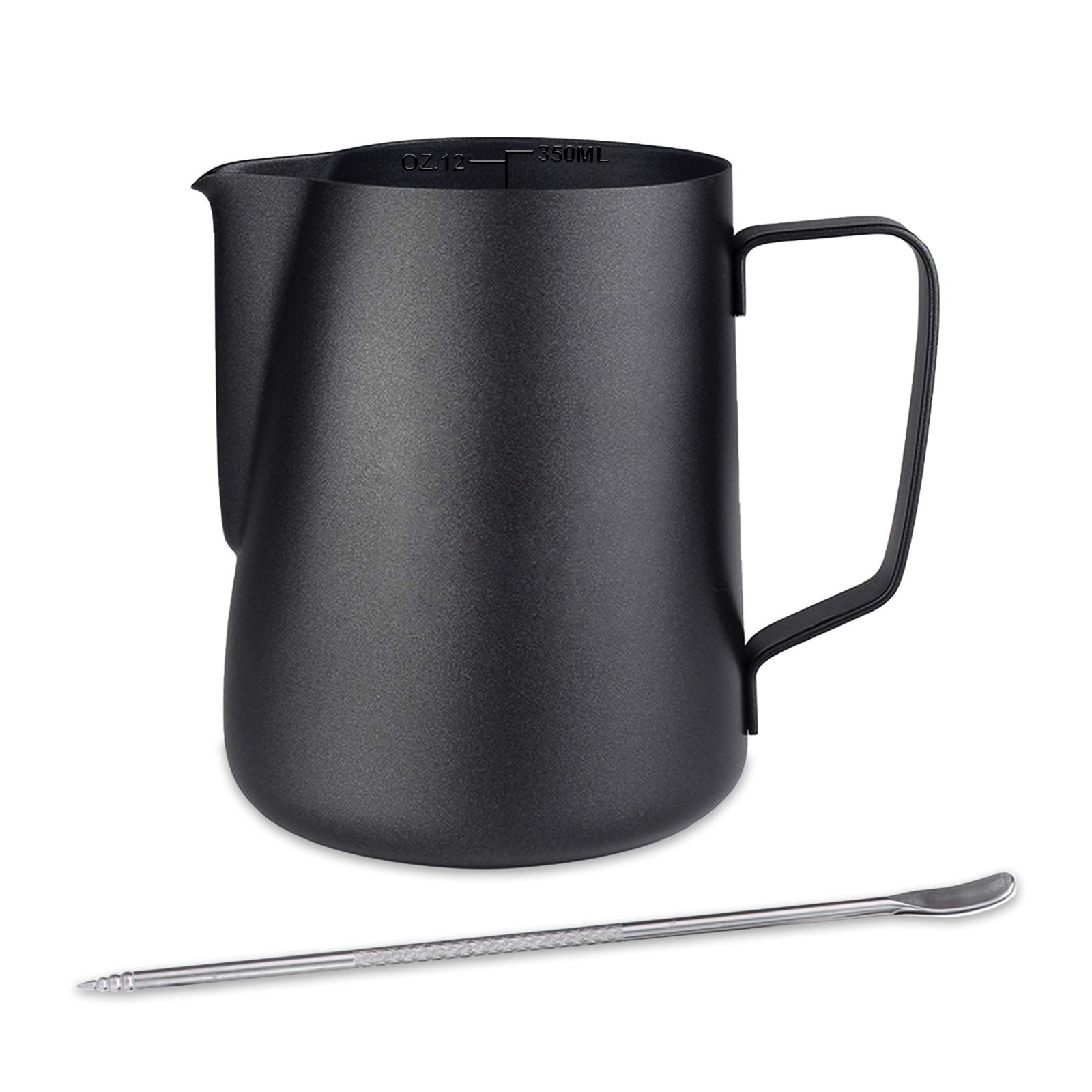 Emsmil 350ml/12 oz Stainless Steel Milk Jug Set Black with Measurement Mark Small Metal Coffee Pitcher Cup Creamer Milk Frothing Jugs for Coffee Machine Barista Cappuccino Espresso Making