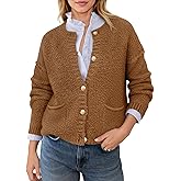 Saodimallsu Women's Chunky Knit Cardigan Button Down Crewneck Long Sleeve Cropped Sweater with Pockets