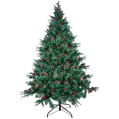 Himaly 7ft Artificial Christmas Tree, Premium Hinged Fir Christmas Tree with Metal Stand, 1000 Branch Tips, PVC+PE+Pine Cone+Red Fruit, Christmas Décor for Indoor and Outdoor