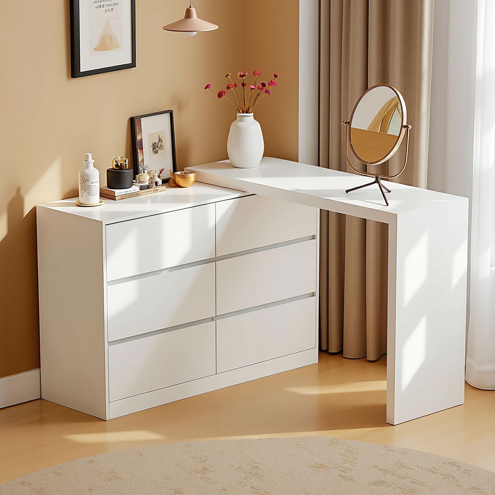 Photo 1 of Feetice 6 Drawer Dresser with Extendable Table, L-Shaped 6-Drawer Desk & Vanity Combo, MDF White Dresser with Storage, Adjustable Vanity with 6 Drawers for Bedroom, White