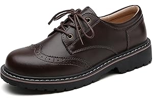 XIKETE Oxford Shoes for Women,Perforated Lace-up Round Toe Leather Low Heel Brogues Shoe for Girls Ladies Women