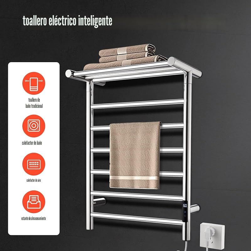 Toallero Eléctrico con Temporizador,Toallero Eléctrico de Pared Inteligente a Temperatura Ajustable,145W,Acero Inoxidable,680 x 500 mm,Plata — foto 2 de 6