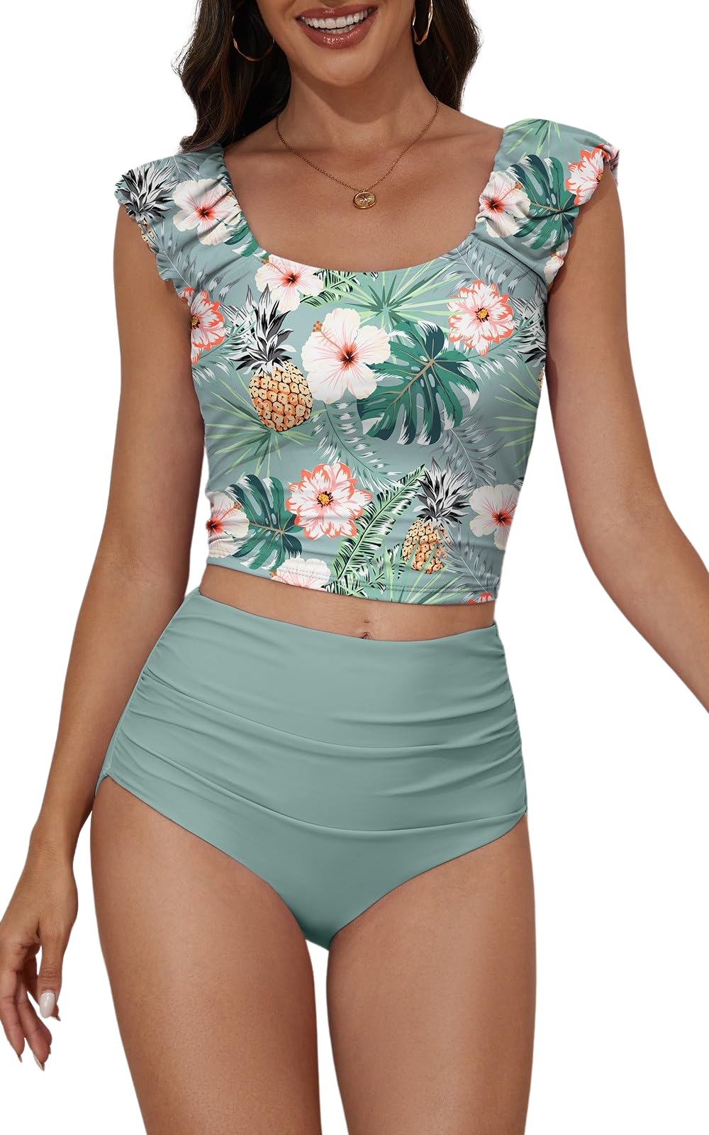 Photo 1 of *large* Eomenie Tankini Swimsuits for Women Ruched Tummy Control Bathing Suit Two Piece Swim Tank Top with High Waisted Bottom Green Floral L