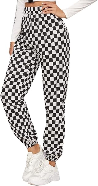 Pantalón de chándal cuadros blanco y negro con elástico para mujer