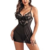Avidlove Underwire Lingerie for Women Lace Babydoll Chemise Mesh Nightgown V Neck Side Slit