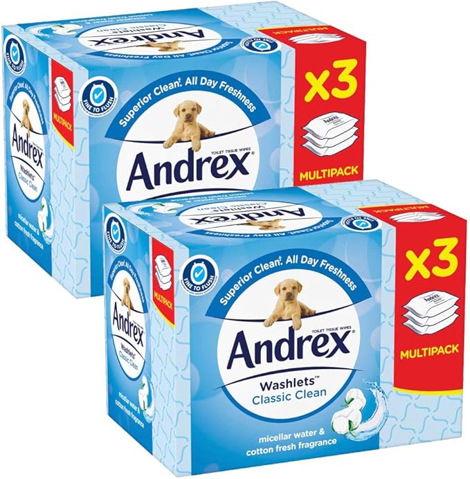 2 x 120 Andrex Wipes Classic Clean Cotton Fresh Moist Flashable Toilet