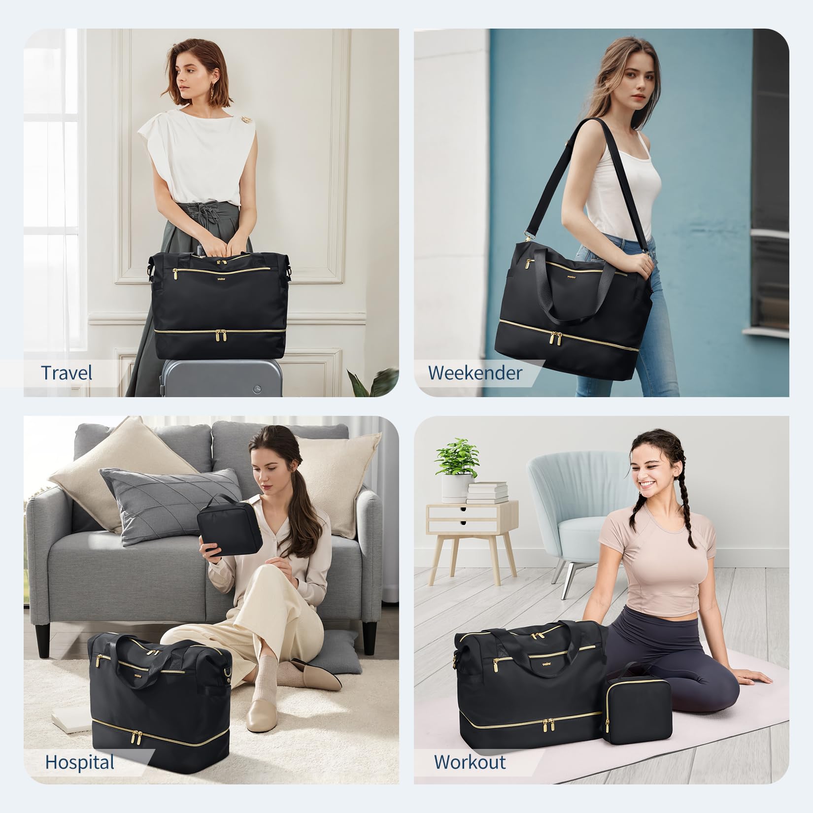 VNINE Weekender Reisetasche Damen Sporttasche Handgepäck Tasche Groß Kliniktasche Geburt Travel Bag Duffle Bag mit Schuhfach Kulturbeutel für Flugzeug Reisen 2