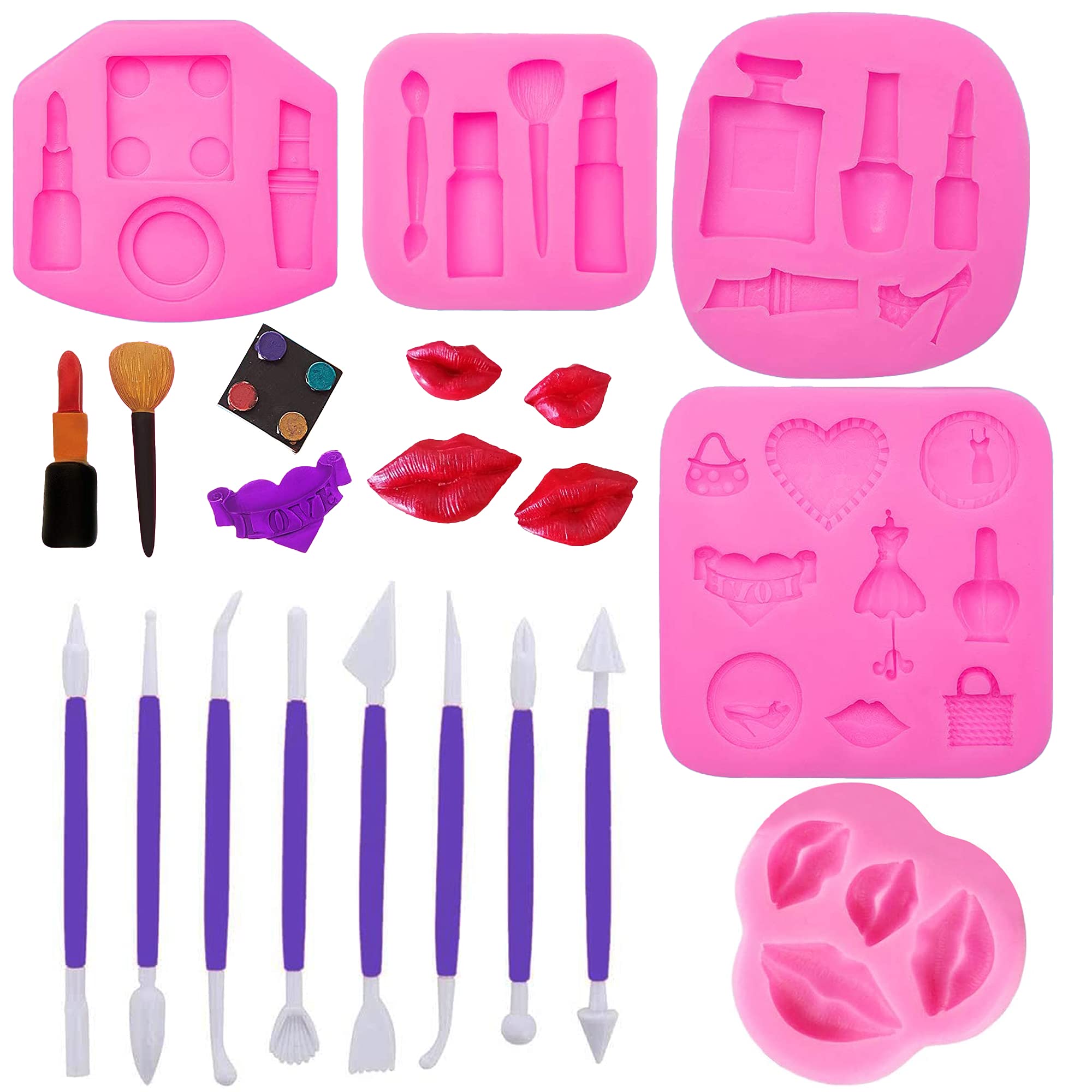 Woohome 14 PCS Makeup Theme Silicone Moulds, 5 PCS Lipstick Fondant Candy Mould 3D Fondant Cake Mould for Resin and 9 PCS Cake Carving Tools for Resin Clay Chocolate Pudding, Candy