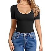 MANGOPOP Women's Scoop Neck Slim Fitted Short Sleeve Double Lined T Shirt Tight Basic Tops Y2K Tee