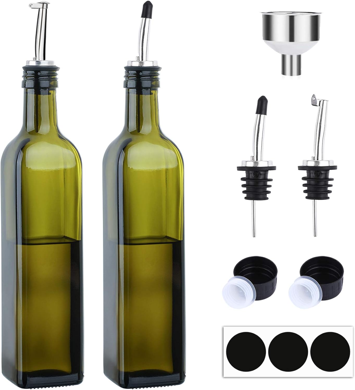 [2 PACK]Aozita 17 oz Glass Olive Oil Dispenser Bottle Set - 500ml Dark Green Oil & Vinegar Cruet Bottle with Pourers, Funnel and Labels - Olive Oil Carafe Decanter for Kitchen: Kitchen & Dining