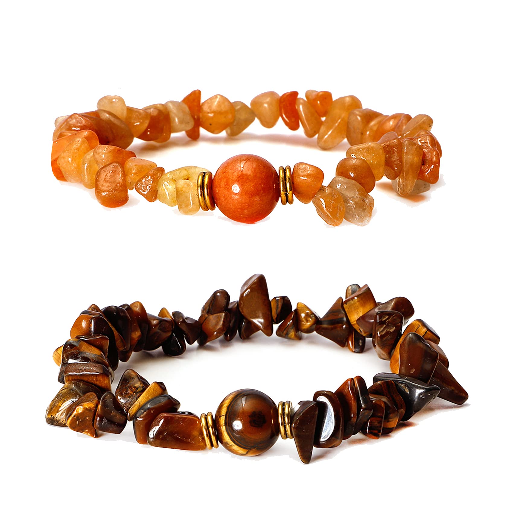 JJDreams 2PCS Irregular Crystal Gemstone Chip Beaded Bracelets Stretch Bangle 10mm Stone Bracelet Jewelry Couple Friendship Gifts for Lover Best Friend (Tiger Eye and Orange)