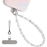 ABITKU Phone Charm, Pearl Crystal Beaded Wrist Strap for Women, Hands-free, Drop-proof and Anti-theft, Detachable, with Tether Tab &amp; Black Lanyard Strap