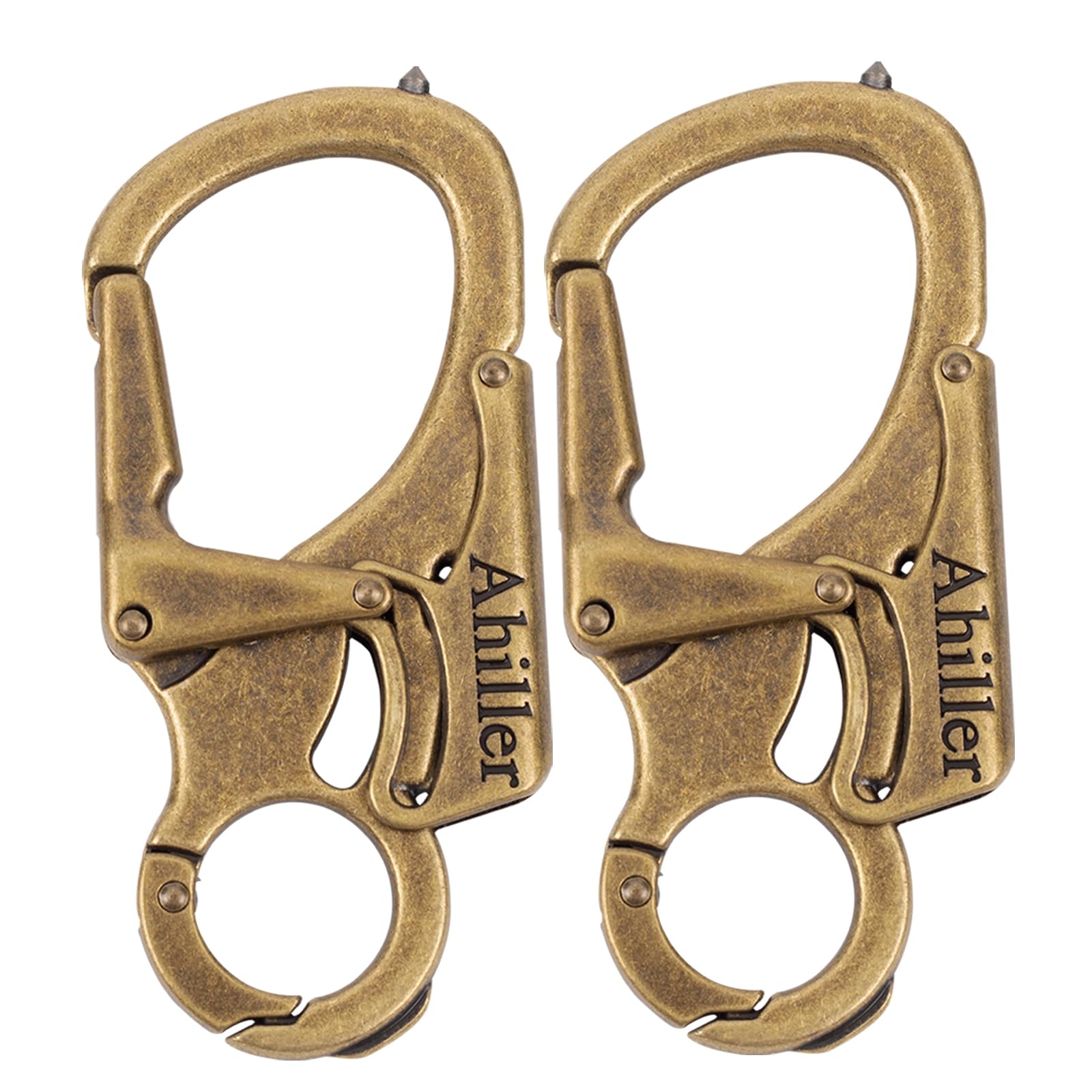 Ahiller Carabiner Keychain Keyring Clip, Cool Double Lock Design - Tungsten Steel Spike - 3" Alloy Car Survival Belt Key Clip for Men Women [Brass-2P]