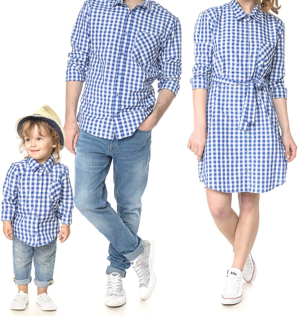 Mother Father Kids Family Matching Shirt Dress Casual Plaid Family Clothes with Chest Pockets (Kid 4-5T, Blue)