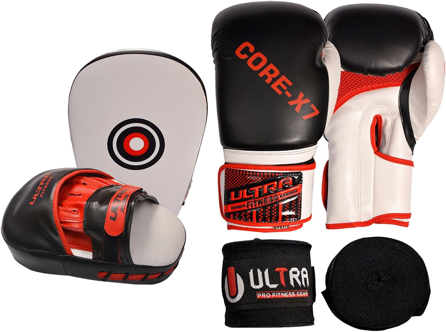 ULTRA FITNESS Boxing curved Hook and Jab Pads with Gloves and Hand Wraps Set boxercise MMA