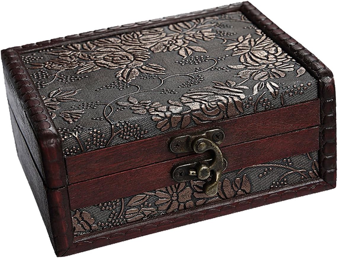 WaaHome Small Treasure Chest Box, Wooden Vintage Decorative Storage Box for Jewerly,Trinkets
