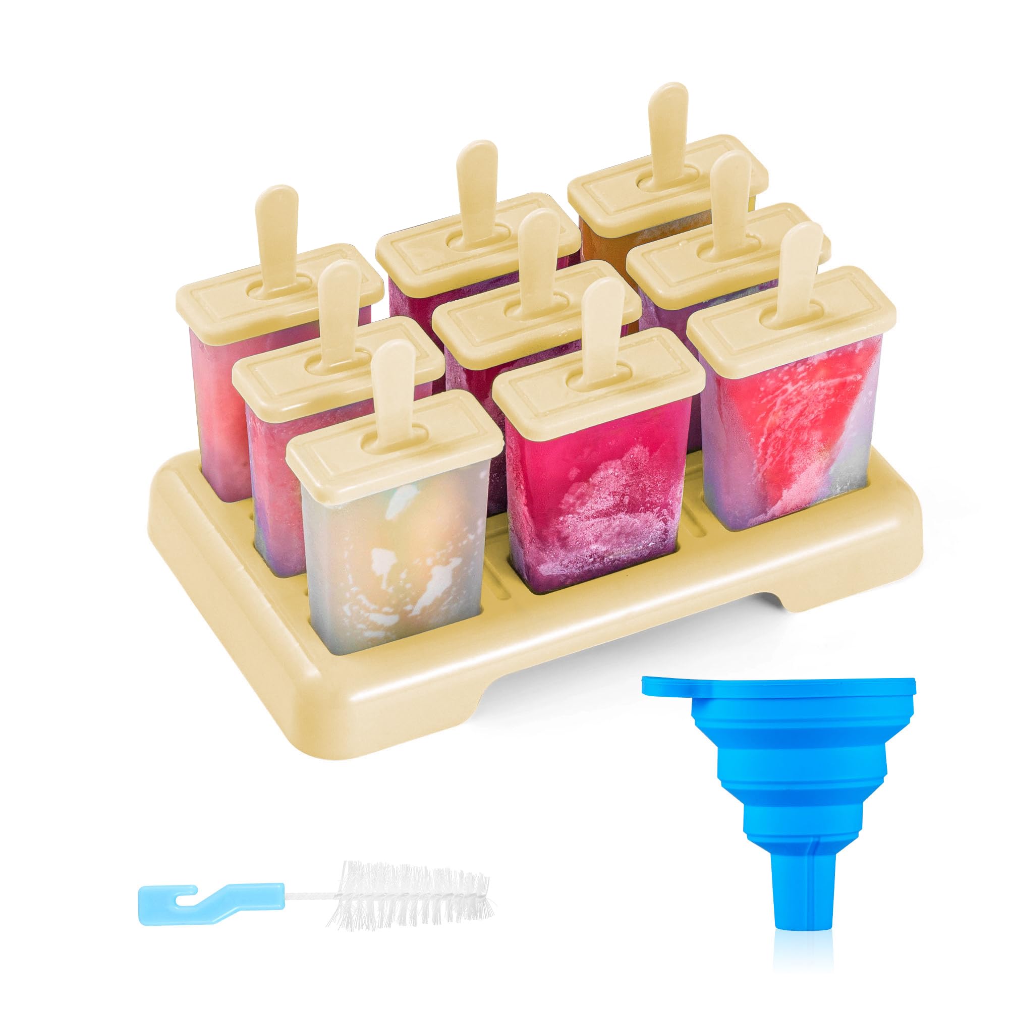 ANSMIO Ice Lolly Moulds 9 Popsicle Molds Ice Cream Moulds Reusable DIY Ideas Ice Lolly Stick - Comes with a Cleaning Brush and Silicone Folding Funnel(New Beige)