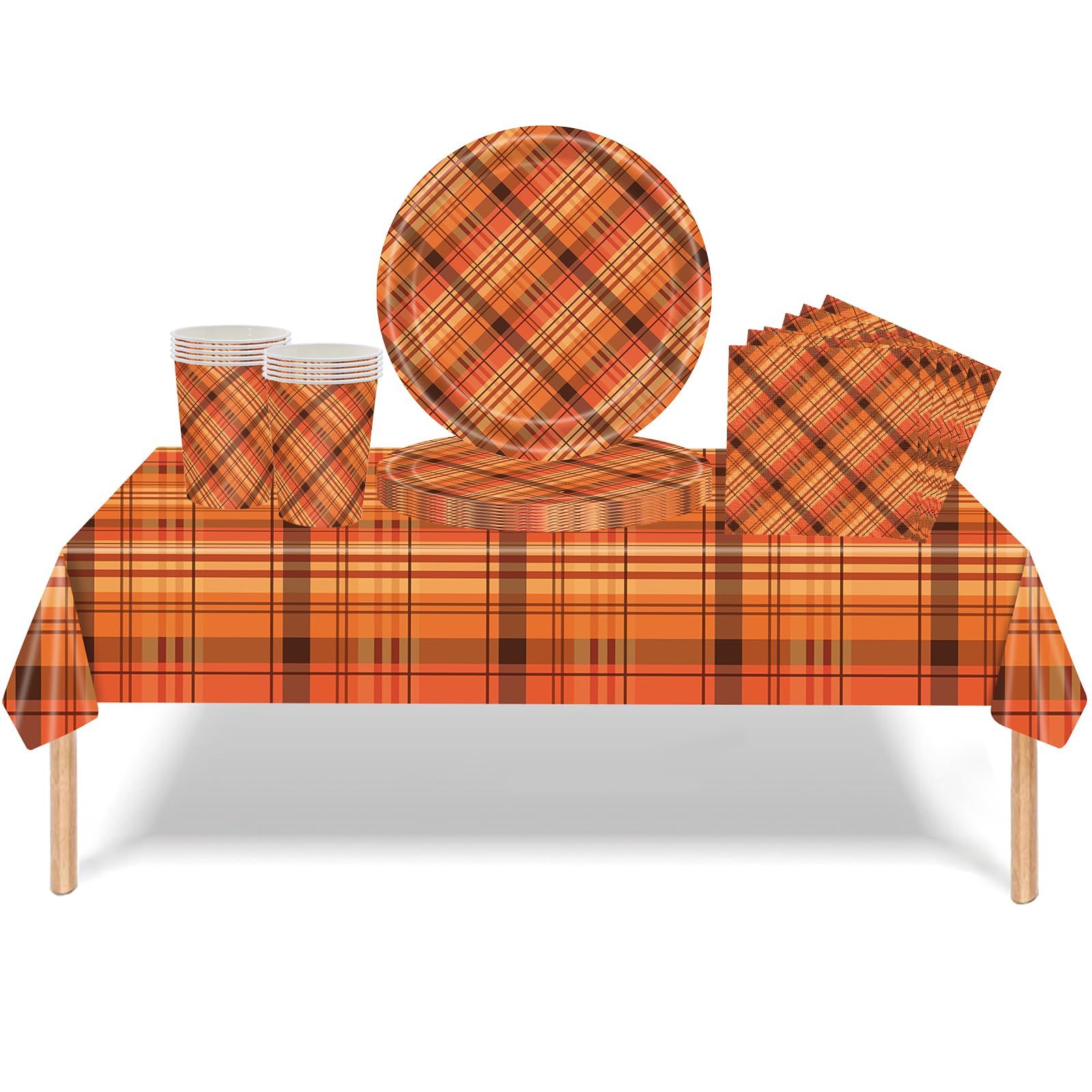53Pcs Orange Checkered Thanksgiving Tableware Decorations,Harvest Autumn Plastic Table Cloth,Paper Cups Napkins Plates Orange Checkered Table Cover Dinnerware for Thanks Party Supplies Table Decor