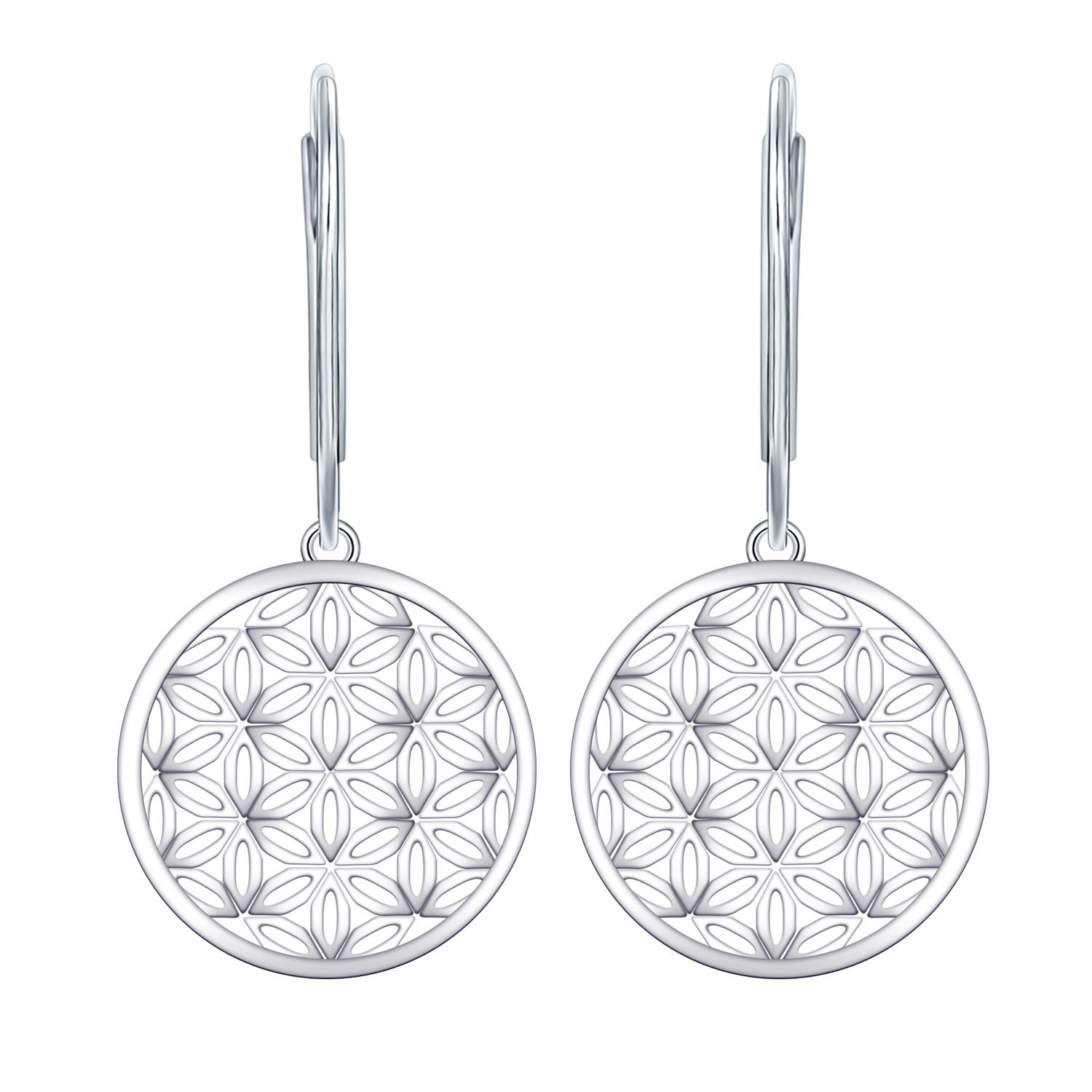 JO WISDOM Women Earrings,925 Sterling Silver Flower of Life Amulet Leverback Dangle & Drop Earrings with White Gold Plated