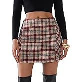 EXLURA Women's Fashion Faux Wool Mini Skirt High Waisted Y2K Trendy Side Slit Tweed Plaid Skirts 2025 Fall Winter Outfits