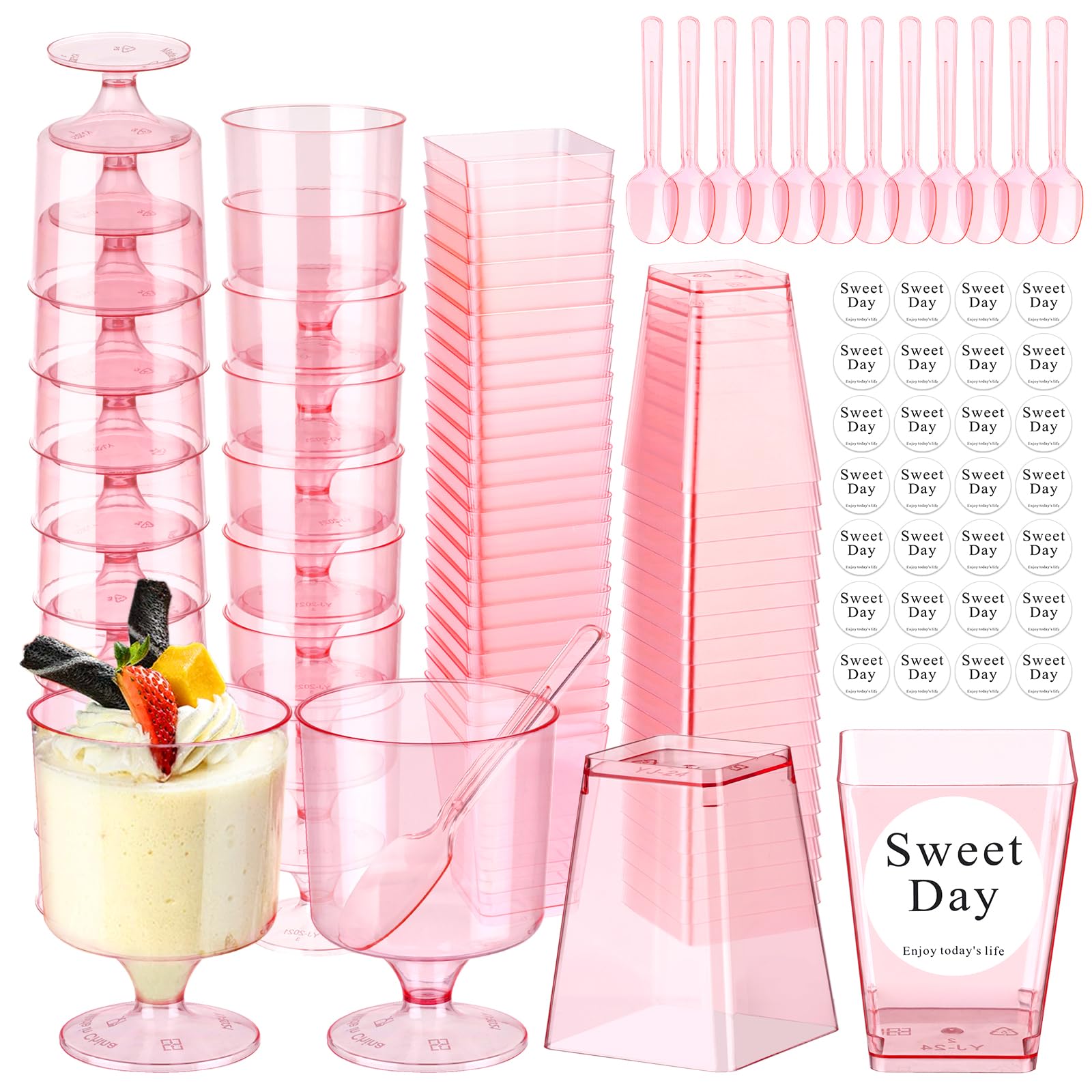 Photo 1 of 210 Pcs Mini Dessert Cups with Spoons Pink Clear Pastic Dessert Cups 5 oz, Dessert Square Shot Glasses & Round Goblet Shooters & Plastic Spoons & Stickers Ice Cream Fruit Cake Cup Party Supplies