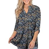 Othyroce Womens Floral Printed Tunic Tops 3/4 Roll Sleeve V Neck Blouses Long Sleeve Shirts for Women