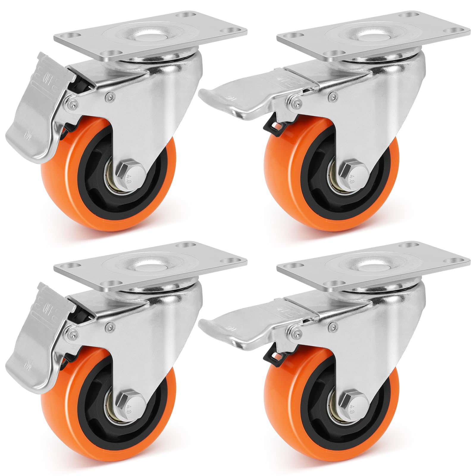 W B D WEIBIDA 3-inch Plate Swivel Caster Wheels with Dual Locking, Polyurethane Castors with 1000Lbs Load Capacity, No Noise & Durable Caster Wheels for Table, Trailer, Table, Toolbox, Bed, Set of 4