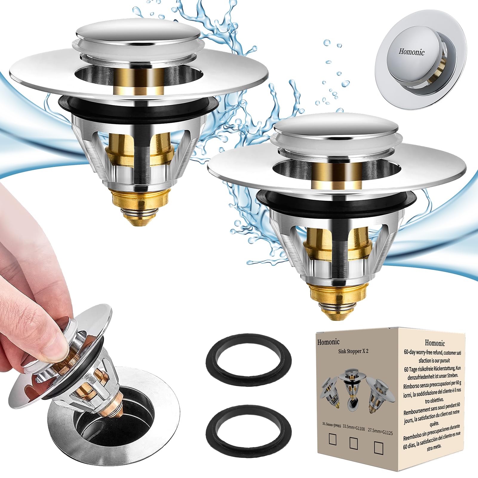 Pack of 2 Universal Sink Plugs Replacement & Bathroom Sink Drain Stoppers, Basin Plugs Made of Pure Copper,Drain Plugs,Bathroom Sink Stoppers Pop Up with Double Seal for Diameter 34~38 mm