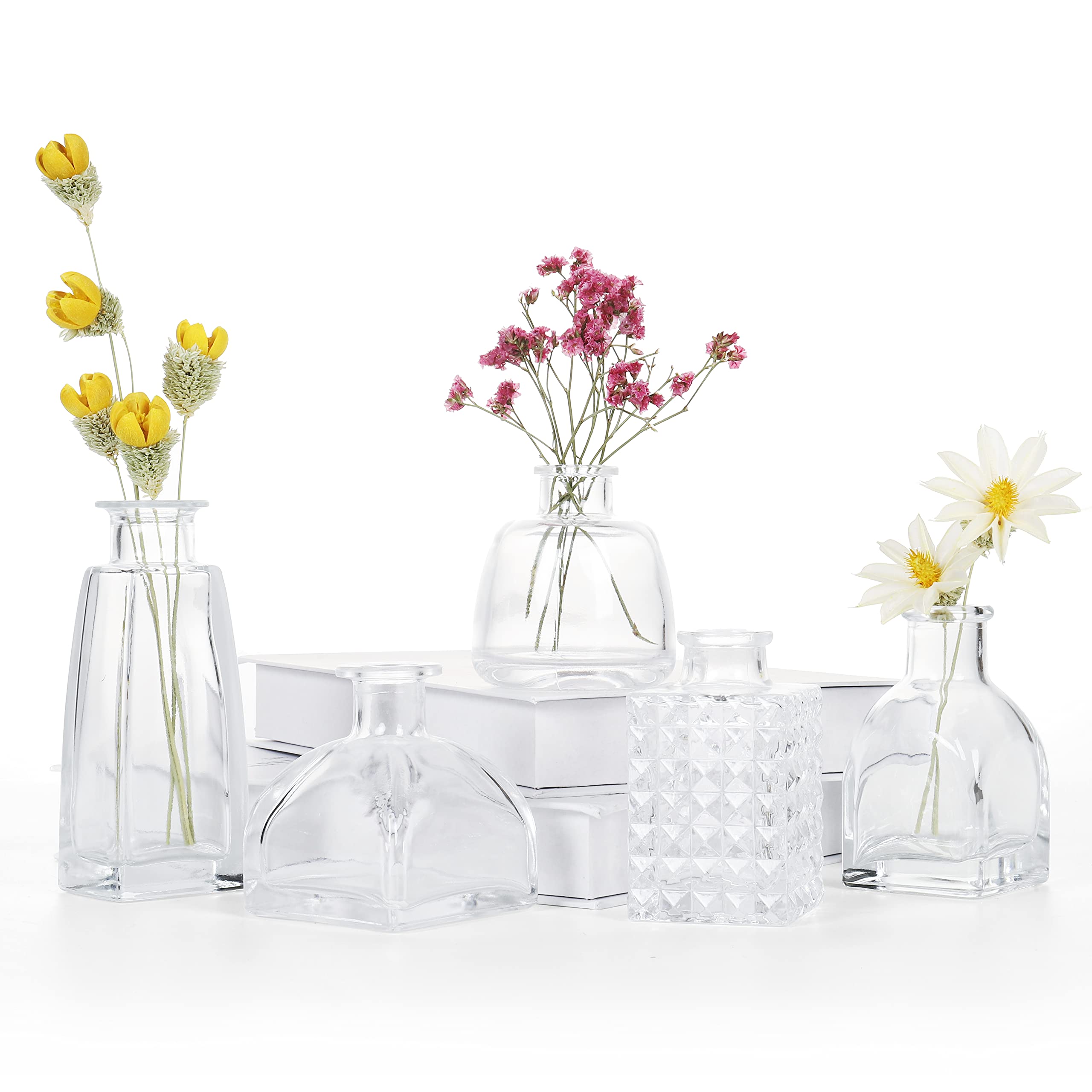 EylKoi Small Clear Bud Glass Vase Clear Glass Bud Vase 5 Pcs, Glass Little Vase, Ginger Bud Vases Small Vases Set Flower Vases Bulk for Centrepieces Vintage Bud Vase Decor Home, Wedding, Table