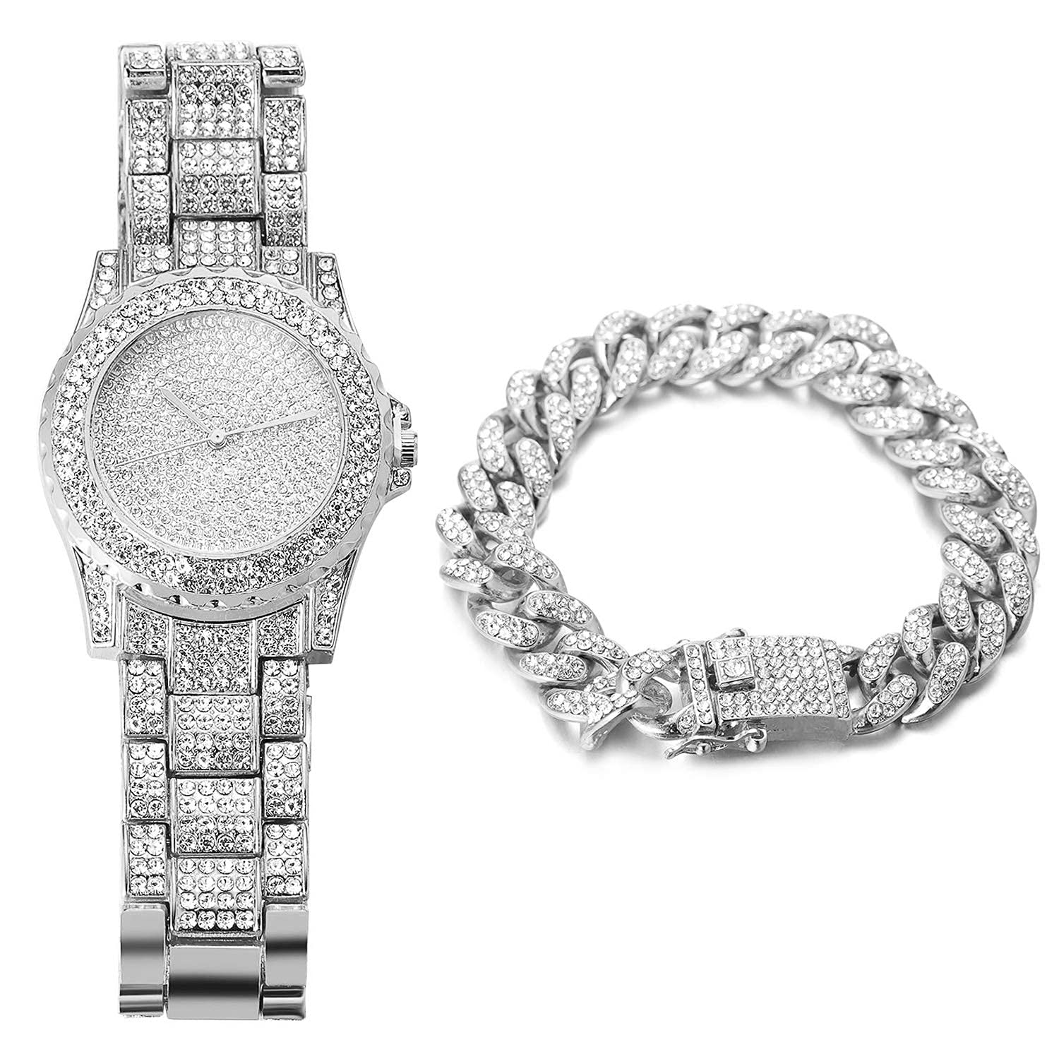 HALUKAKAH Gold Watch Iced Out,Men's Platinum White Gold Plated Quartz Wristband 8.7"(22cm),with Cuban Link Chain 8"(20cm) Bracelet Set,Full Cz Diamonds,Free Giftbox