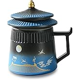 Coolpei Tea Cup with Infuser and Lid,Loose Leaf Tea Steeper Cup 14.8oz Ceramic tea Infuser Mug Travel Large Steeping Cup Diffusers Mugs with Fine Strainer and Handle (Black&Blue)