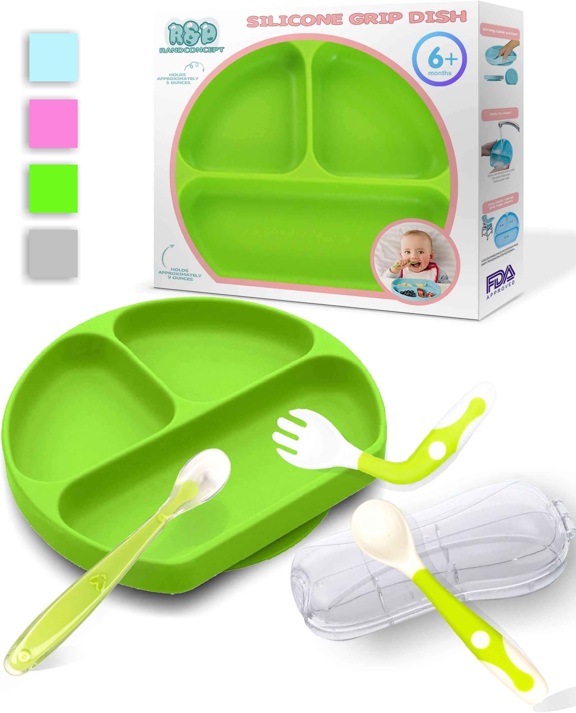 Suction Plates for Babieswith Baby Utensils Self Feeding Set - Baby Spoon First Stage, Spoon and Fork Set (Green)