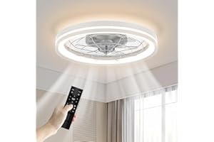 Hisummer Low Profile Ceiling Fan with Light and Remote Bladeless Bedroom Ceiling Fan with Light, 20in Small Flush Mount Ceiling Fan Dimmable Modern Enclosed Ceiling Fans for Small Room - White