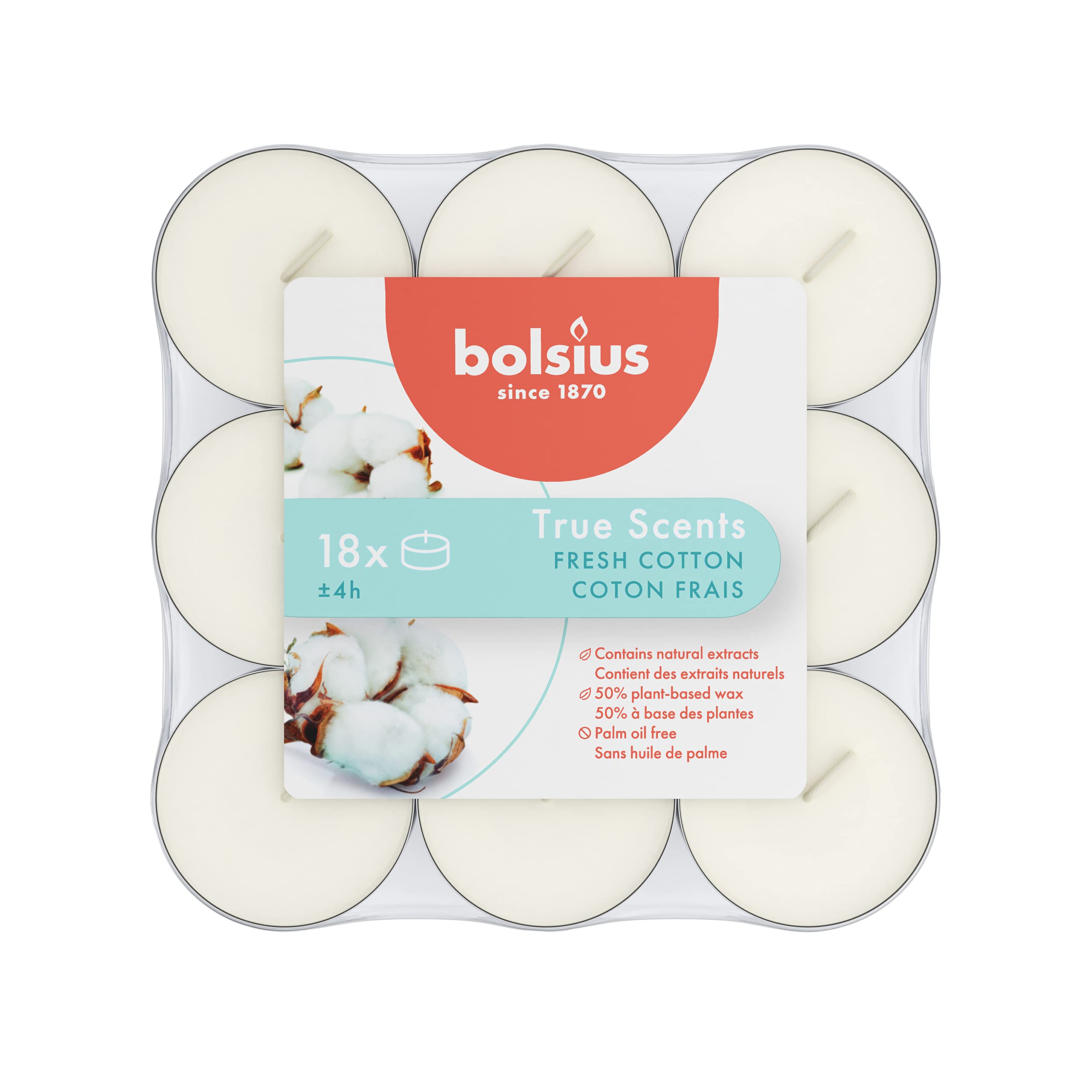 Bolsius - Fragrance Tealights - Fresh Cotton - Pack of 18 - Long Burning Time of 4 Hours - Household Candle - Interior Decoration - Natural Extracts - Includes Natural Vegan Wax - No Palm Oil