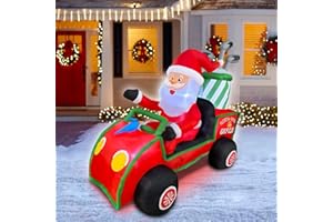 BLOWOUT FUN 6ft Length Inflatable Christmas Gold Cart with Santa Claus Decoration, LED Blow Up Lighted Decor Indoor Outdoor Holiday Decor