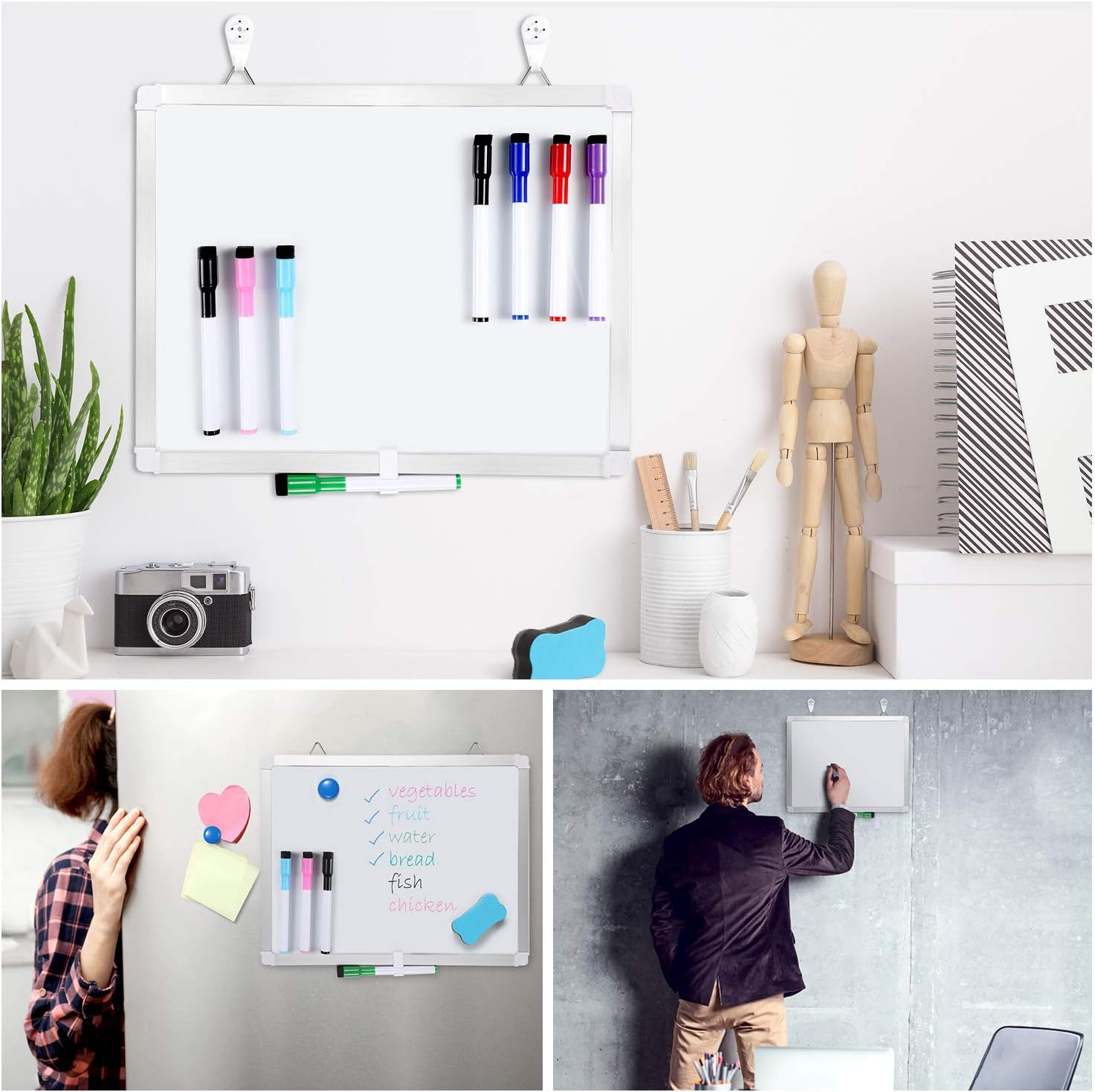 11" x 14" White Boards, Ohuhu 2 Packs Double Side Magnetic Hanging Whiteboards/ Dry Erase Board with 8 Whiteboard Markers, Dry Erase White Board for Fridge, Wall, Glasses, Home Office Aluminum Frame : Office Products