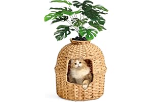 SETVSON Cat Litter Box Plant Furniture Enclosure, Hidden Handwoven Rattan with Cat Litter Box and Artificial Plants, Odor Control Filter, Real Stones in Living Room, Bedroom, Corner Natural
