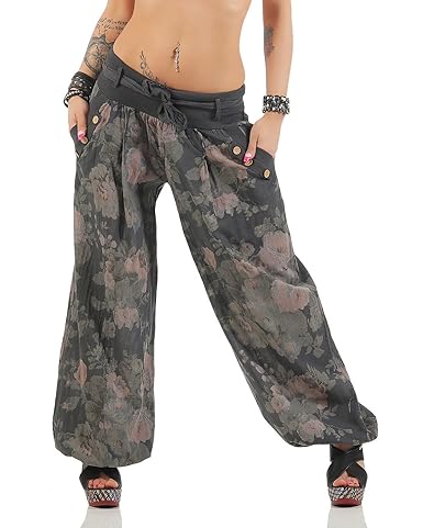 Moda Italy Damen Haremshose Pumphose Ballonhose Pluderhose Yogahose Aladinhose Harem Sommerhose mit Stoffgürtel Flower-Print