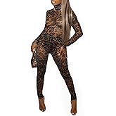 RISCUYY Cheetah Jumpsuits Womens Sexy Leopard Stretchy Mesh Jumpsuit Party Club Outfits for Women