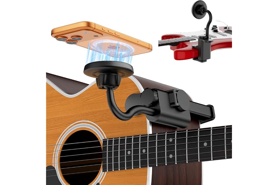Magnetic Guitar Phone Holder for Guitar, Electric Guitar, Bass, Ukulele | [Fit for Both Left and Right Guitarists] Universal Smartphone Guitar Mount for Video Recording/Live Streaming/Online Teaching