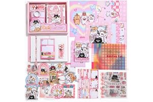 PRSTINCOL Pink Cute Cat Scrapbooking Kit,Kawaii Stationery Scrapbook Supplies Kit with Cat and Dessert Theme for Junk Journal, Bullet A6 Grid Notebook for Adult Teen Girl DIY Gift kit for Girls