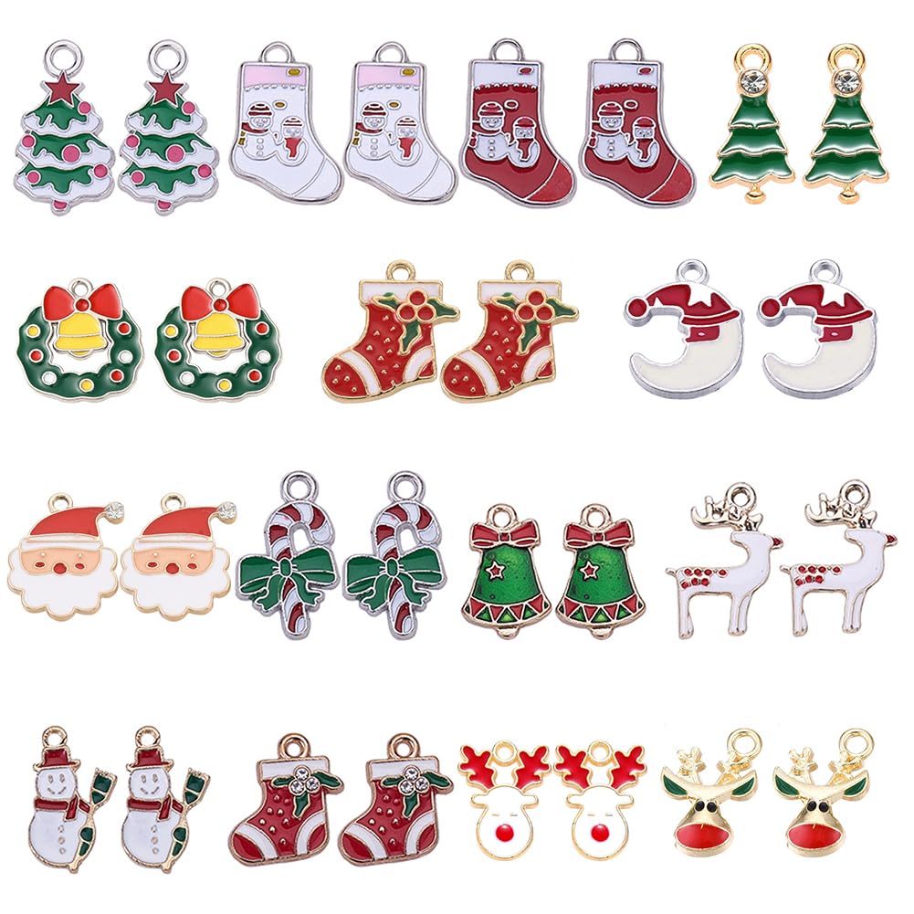 SUNNYCLUE 1 Box 30Pcs 15 Styles Christmas Enamel Charms Pendant for Necklace Bracelet Earring Jewelry Making Christmas Tree Decoration Xmas Tree Snowflake Snowman Reindeer Charms, Silver Golden Tone