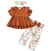 Kucnuzki Toddler Baby Girl Clothes Short Sleeve Ruffle Shirt Floral Pant Set 2 Piece Outfits For Girls Cute Clothing Set