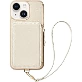 ZVE Wallet Case for iPhone 13 6.1'', Zipper Wallet Case with Credit Card with Wrist Strap, Protective Handbag Purse Leather Case Beige
