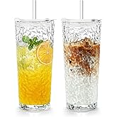 Puraville 2 Pack 18oz Glass Cups with Lids and Straws, Vintage Glacier Pattern Thickened Glassware for Whiskey Cocktail Beer, Mason Jar Drinking Glasses Tumbler Iced Coffee Cup, Clear