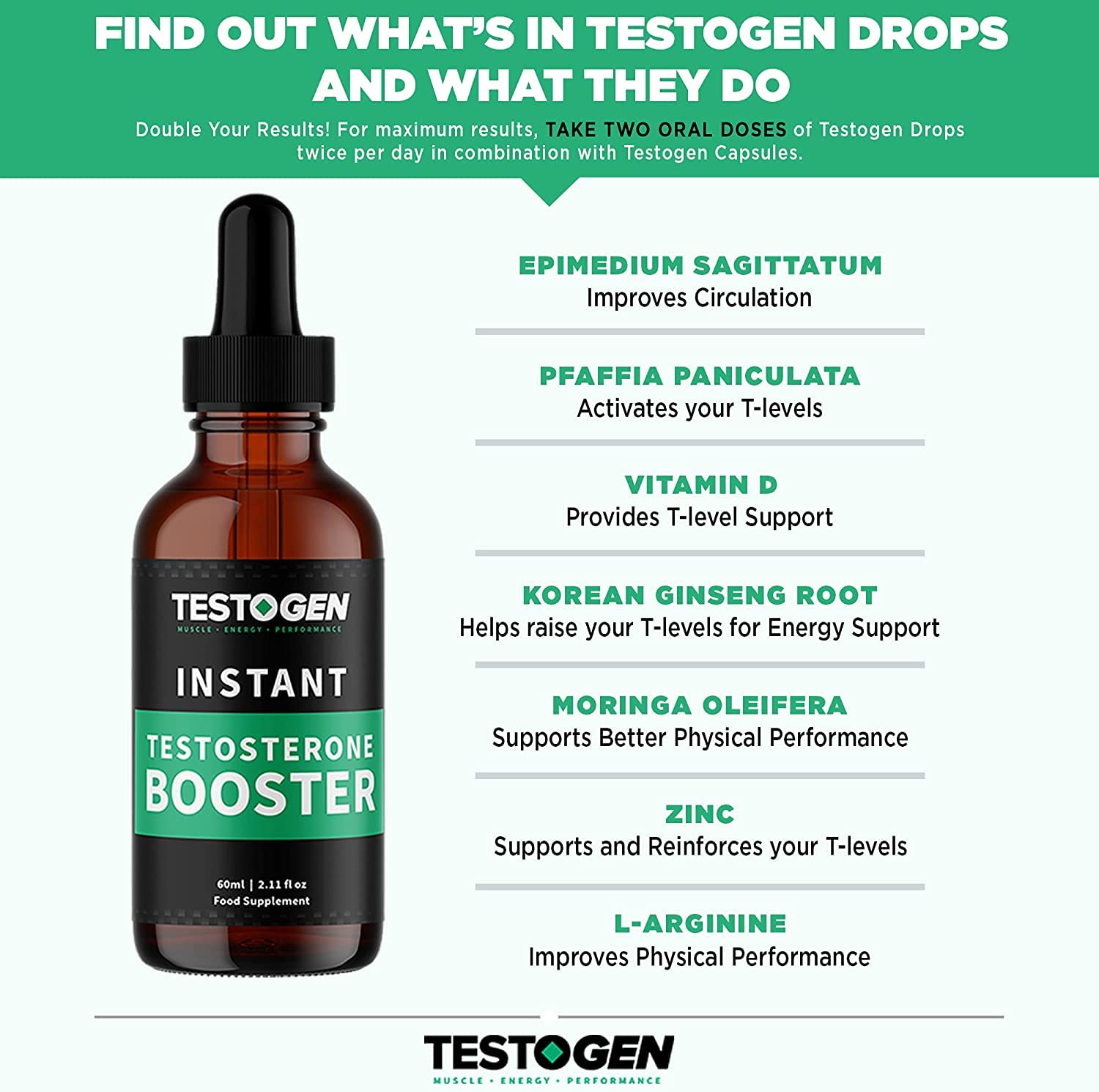 TestoGen Triple-Action Instant Energy Booster Drops with Powerful Natural Ingredients, Helps Improve Stamina, Strength and Energy, 60milliliter Bottle