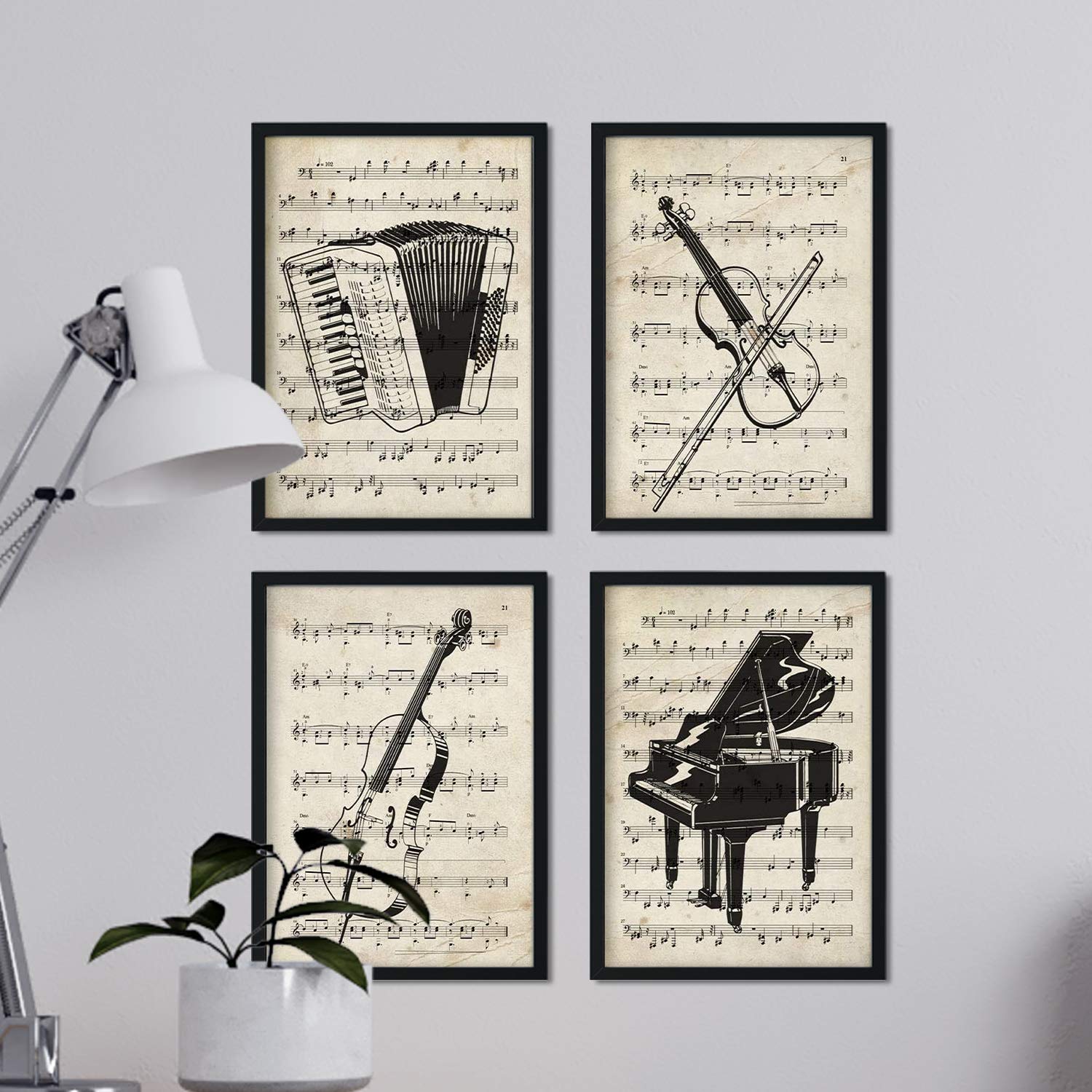 Nacnic Set of 4 posters instrument with scores. Piano, violin, cello, accordion. A4 size. Frameless