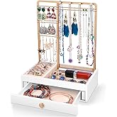 Teamkio Jewelry Stand Tree with Large White Storage Box, Tabletop Jewelry Organizer Display Tree for Necklace, Rings, Bracelets, Watches